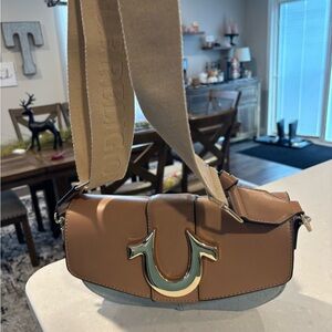 True Religion Tan Crossbody Bag with Gold Accent